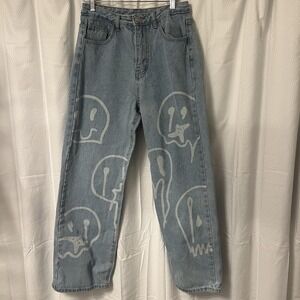 Melted Smiley Face Jeans High Rise Wide‎ Leg Women's Graphic Print 28/29 EUC